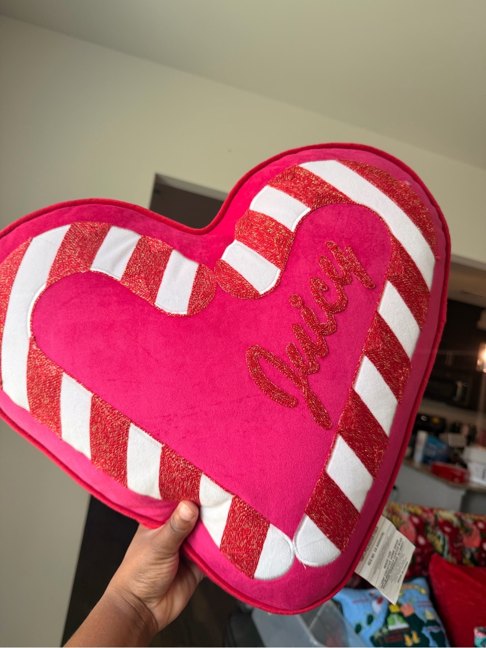 Juicy Couture Hot Pink Heart Pillow with Red & White Stripe Trim